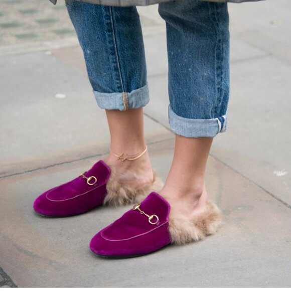 Gucci Purple Fur and Velvet Princetown Mules Size 38 - Picture 2 of 9